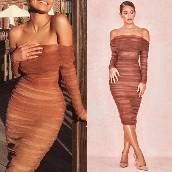 House of CB Dresses & Skirts - House of CB Anais Chestnut Tulle Ruched Off Shoulder Ruched Dress Medium
